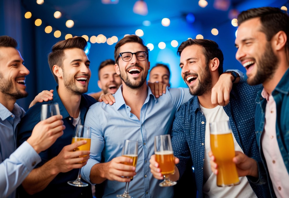 A group of men celebrating at a lively bachelor party with drinks, music, and laughter