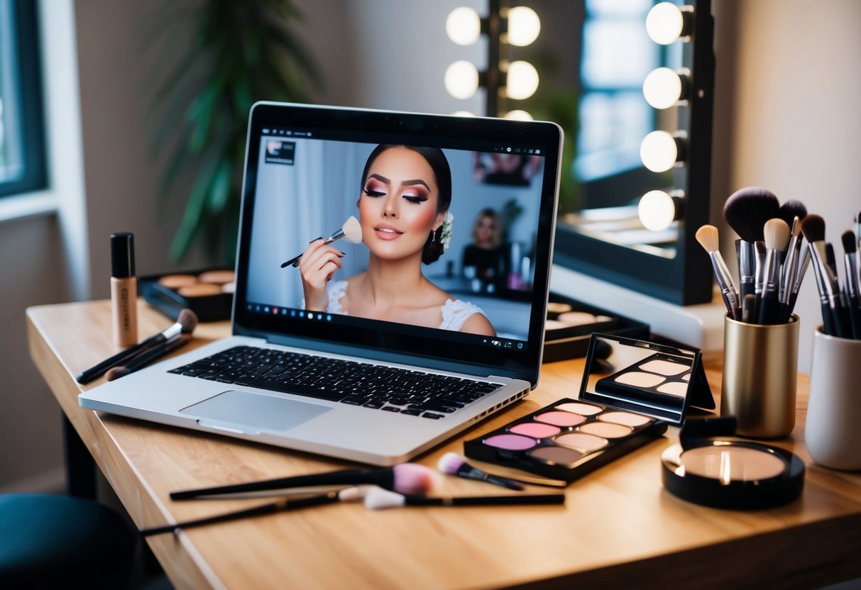 A makeup table with brushes, palettes, and a mirror. A bridal makeup tutorial playing on a laptop