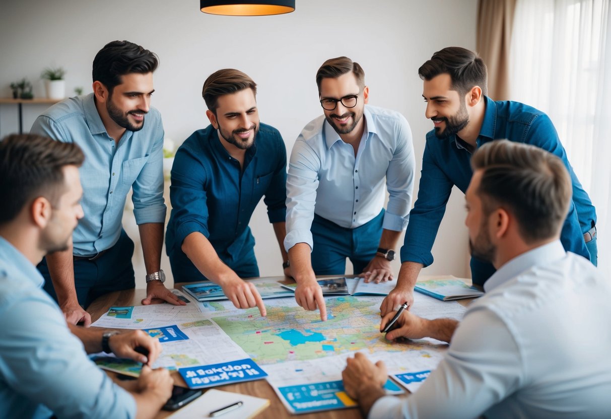 A group of men gather around a table covered in maps, brochures, and calendars, discussing and planning the details of a bachelor party