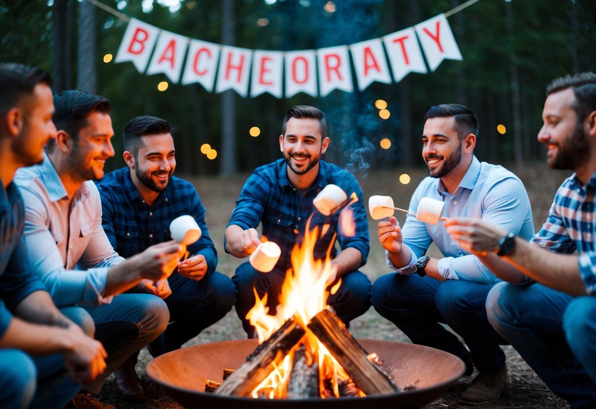 A group of men gathered around a campfire, roasting marshmallows and sharing stories. In the background, a banner reads "Bachelor Party."