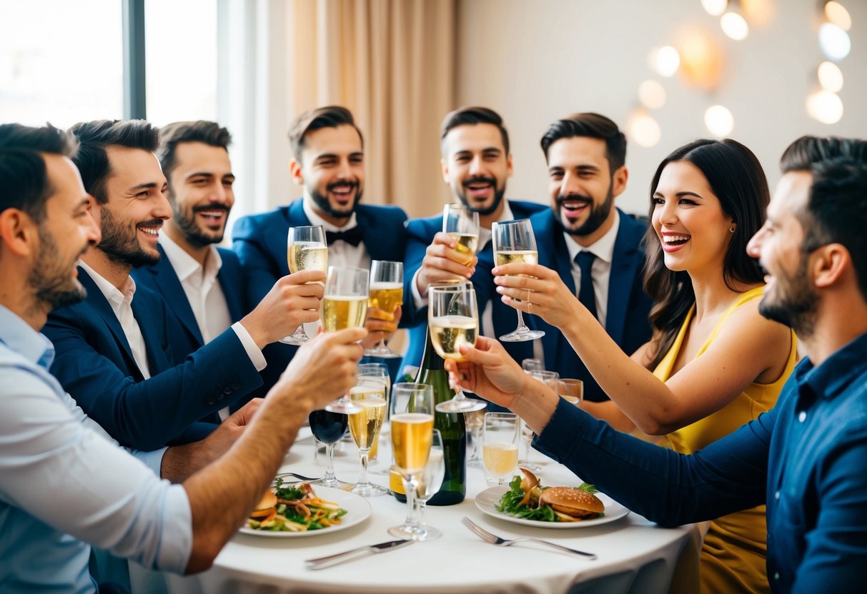 A group of friends gathered around a table, raising their glasses in celebration. Laughter and lively conversation fill the air as they enjoy a bachelor party