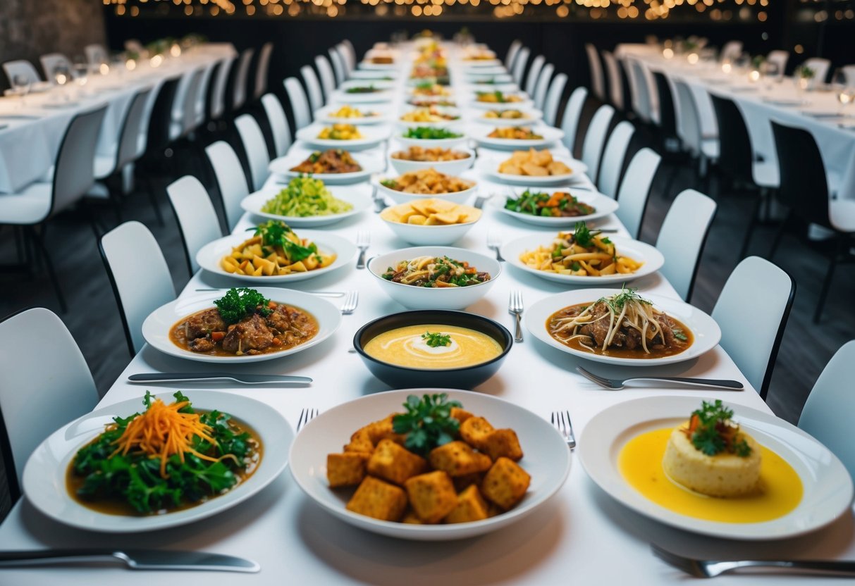 A long table filled with a variety of affordable and delicious dishes, surrounded by 100 empty chairs