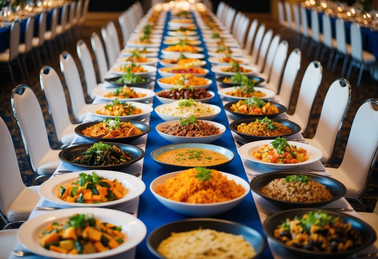 A long banquet table filled with an array of colorful and appetizing dishes, surrounded by 40 empty chairs