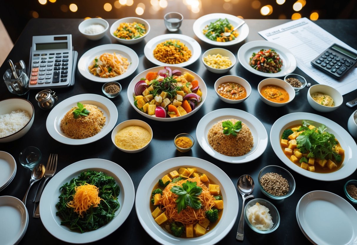 A table filled with various dishes and ingredients, surrounded by 40 empty plates and utensils. A calculator and budget sheet are visible nearby