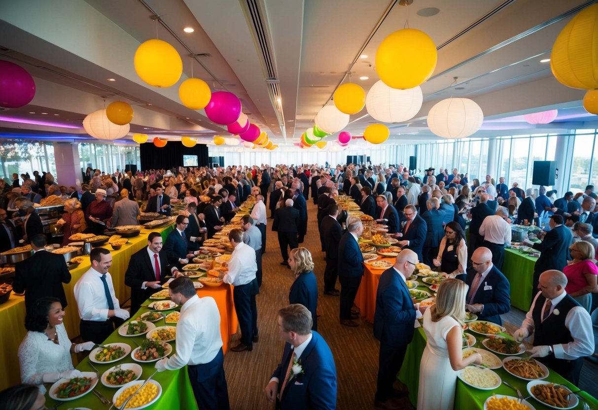 A bustling event with colorful food stations and lively entertainment, serving a diverse crowd of 100 guests on a budget