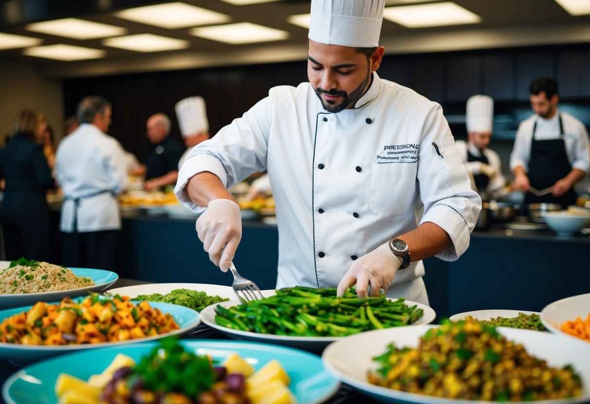 A chef preparing a variety of dishes, including gluten-free, dairy-free, and vegetarian options, for a large gathering