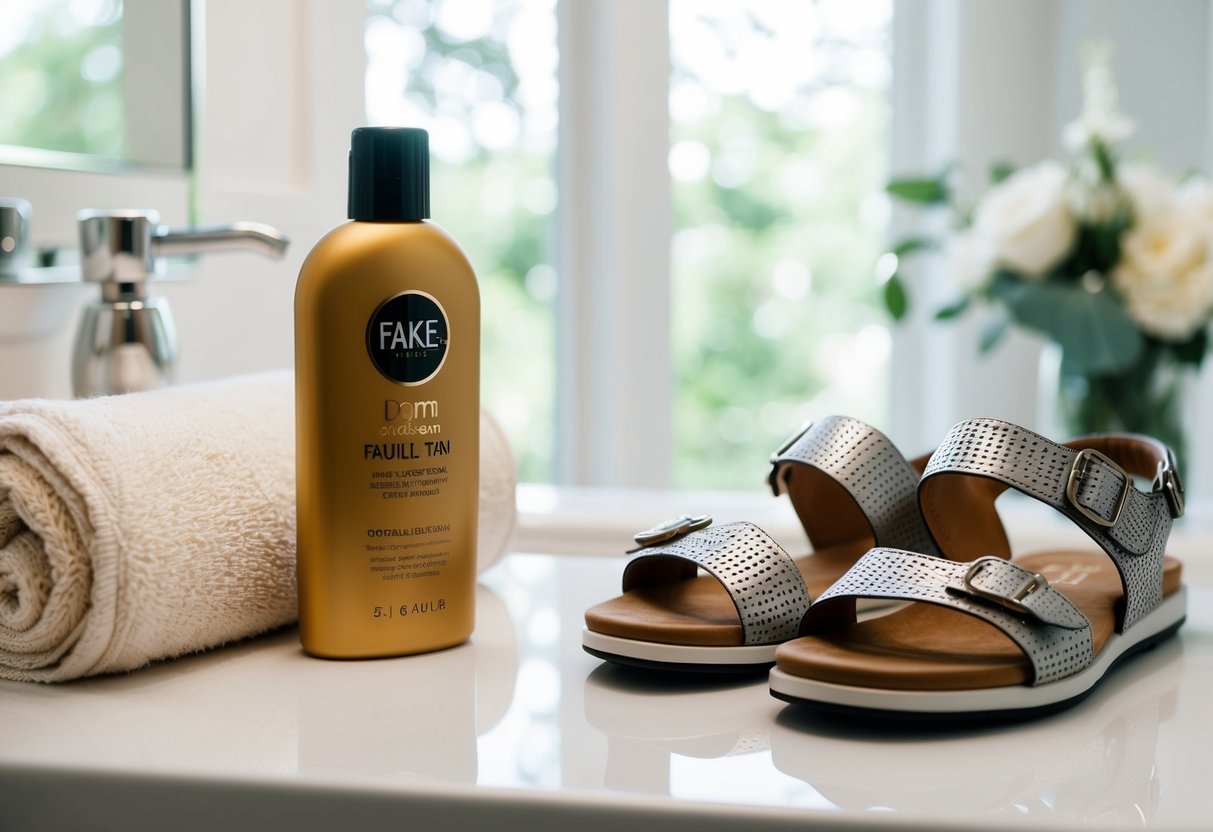 Two days before the wedding, a bottle of fake tan sits on a bathroom counter, next to a fluffy towel and a pair of sandals
