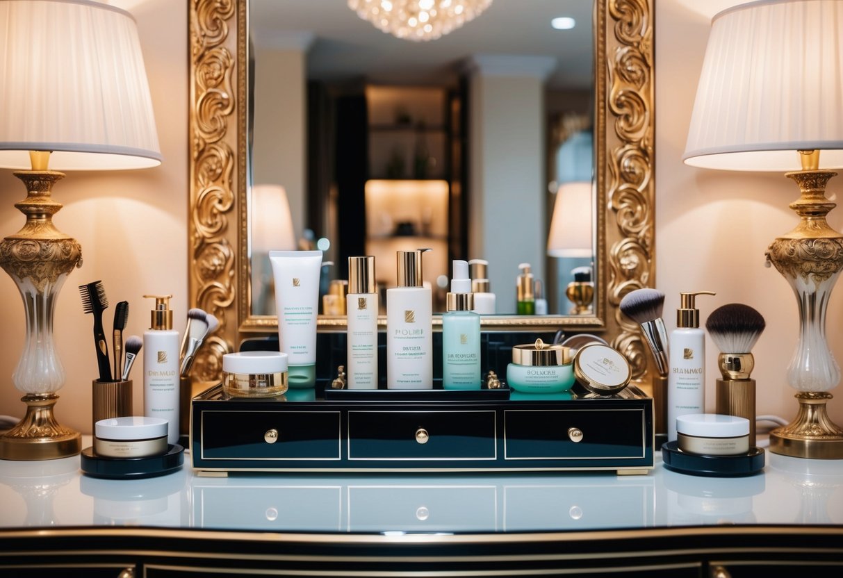 A luxurious vanity table with high-end skincare products and grooming tools neatly arranged, surrounded by opulent decor and elegant lighting