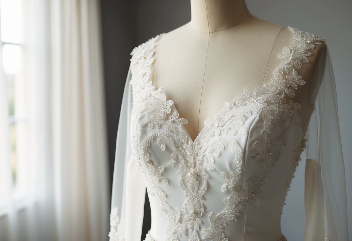 A plain white wedding dress adorned with intricate lace appliques and delicate beading
