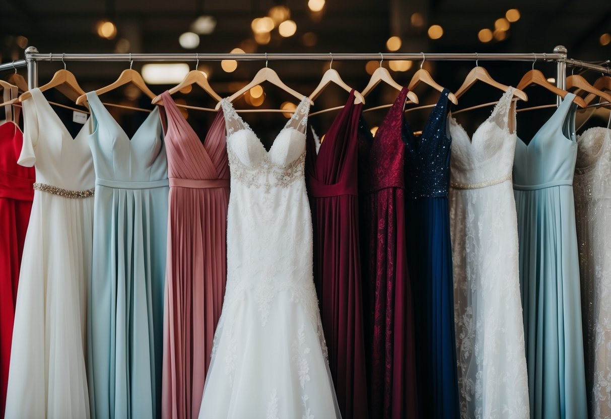 A rack of wedding dresses in various styles and colors
