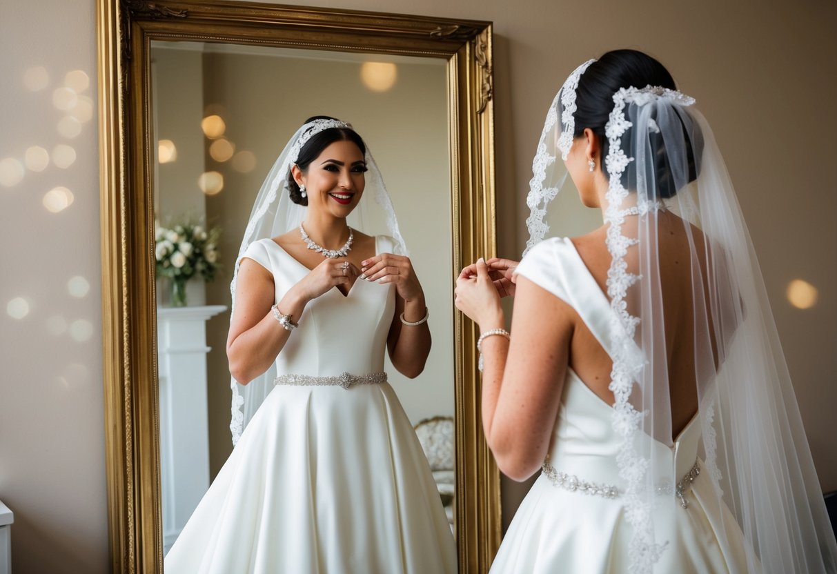 A bride stands in front of a full-length mirror, adding sparkling jewelry and a lace-trimmed veil to her simple wedding dress