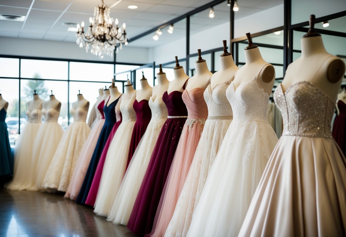 A row of elegant wedding dresses in various styles and colors displayed on mannequins in a spacious bridal boutique