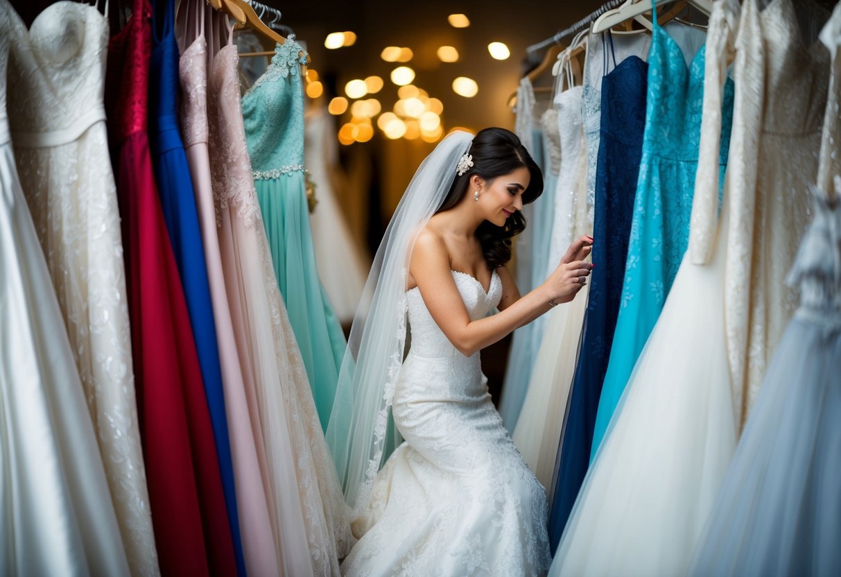 A bride surrounded by a variety of wedding dresses, carefully examining each one
