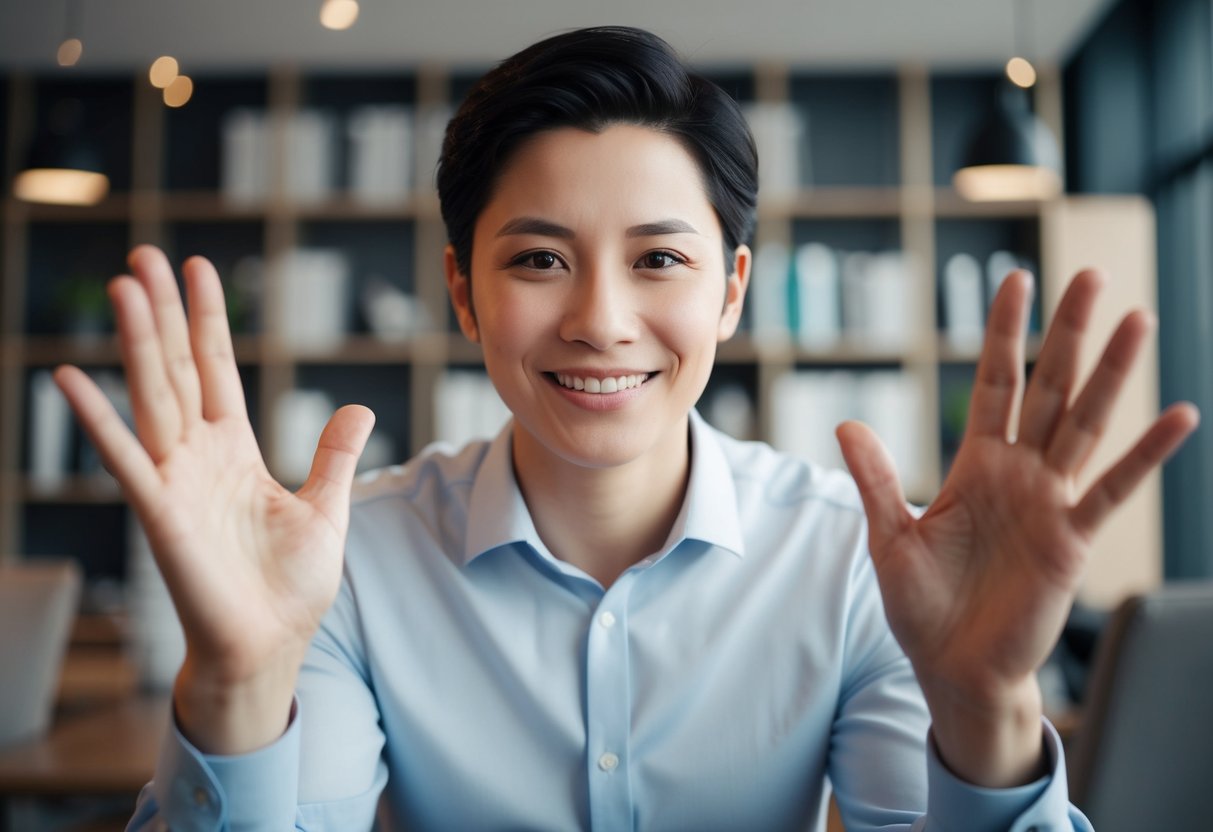 A person gesturing with open palms and a gentle smile, politely declining a plus one