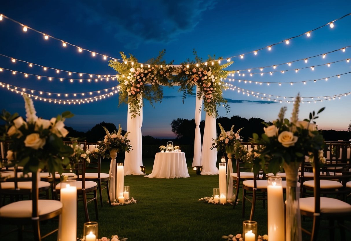 A wedding venue at dusk with twinkling lights and floral decorations, set for a romantic evening celebration