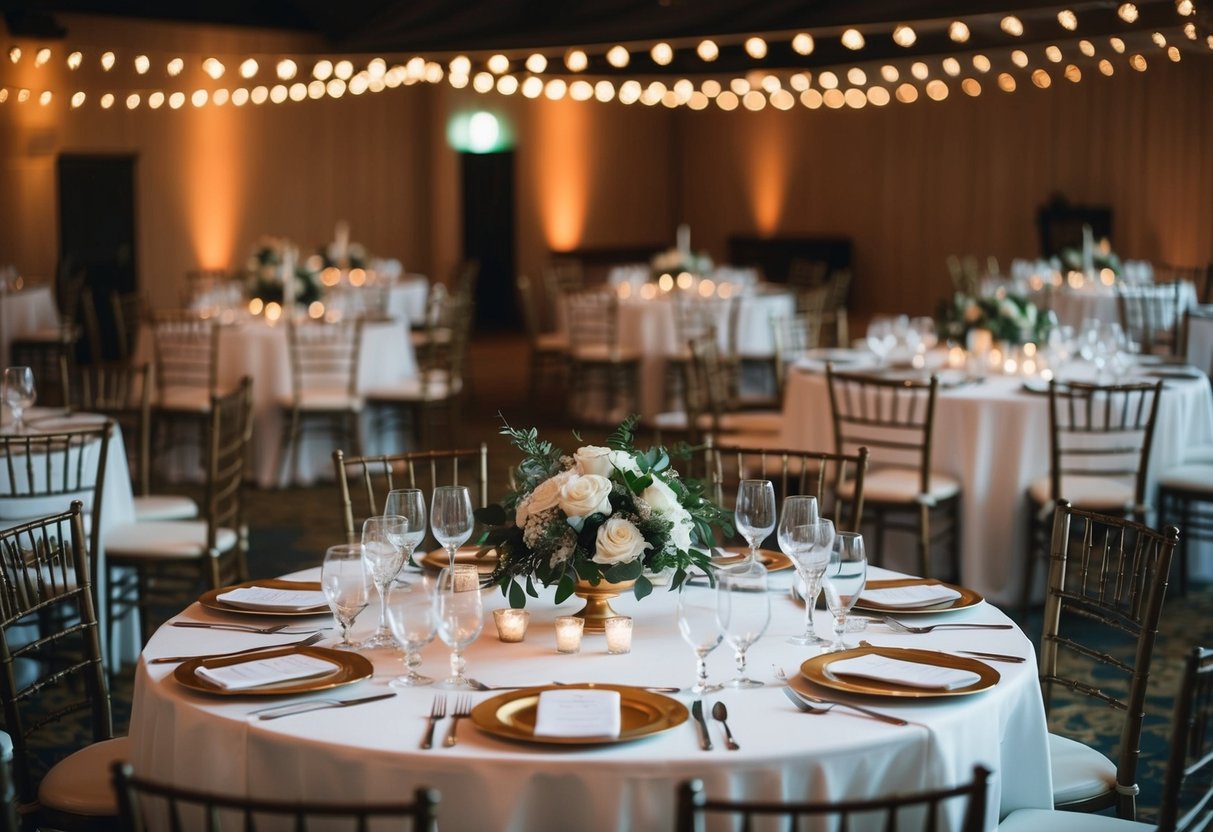 A decorated wedding table with empty chairs and place settings for multiple guests
