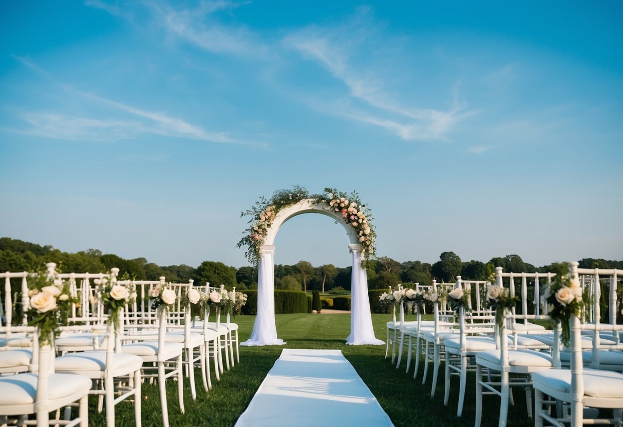 A serene outdoor wedding ceremony with a beautiful arch, rows of chairs, and floral decorations under a clear blue sky