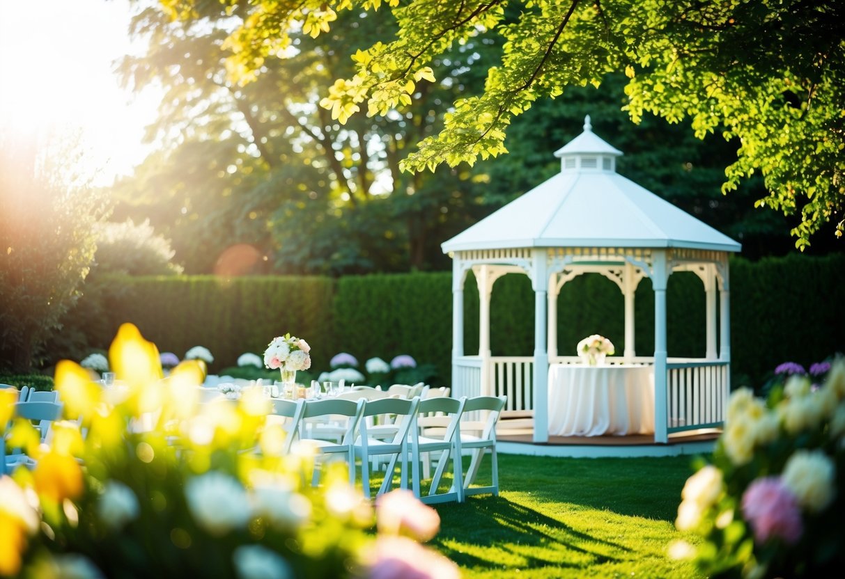 A sunlit garden with flowers and a gazebo, set for a wedding at 3pm