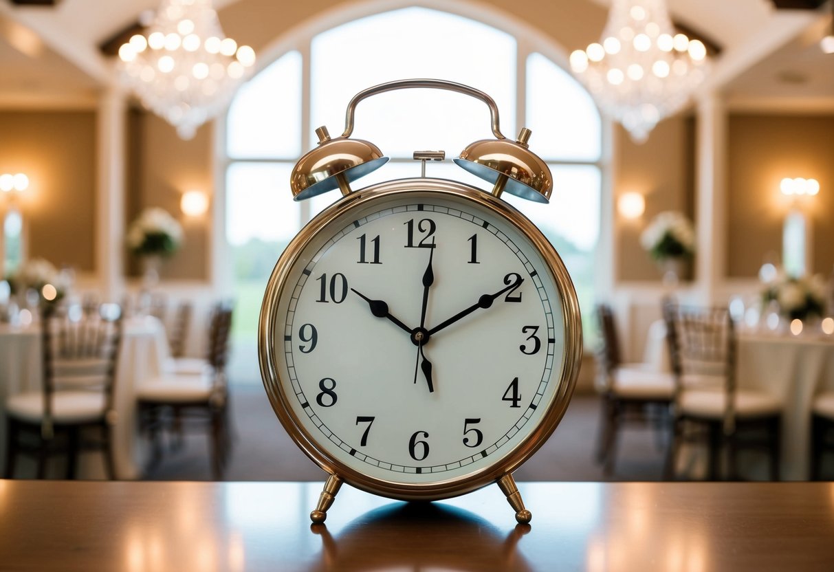 A clock showing 4 hours with a wedding venue in the background