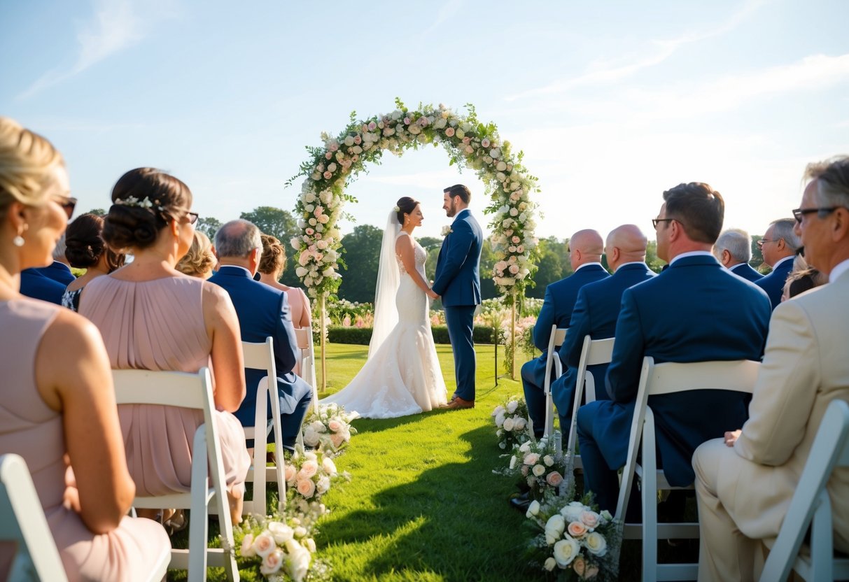 A sunny outdoor wedding ceremony at 3pm, with guests seated and a floral archway as the focal point