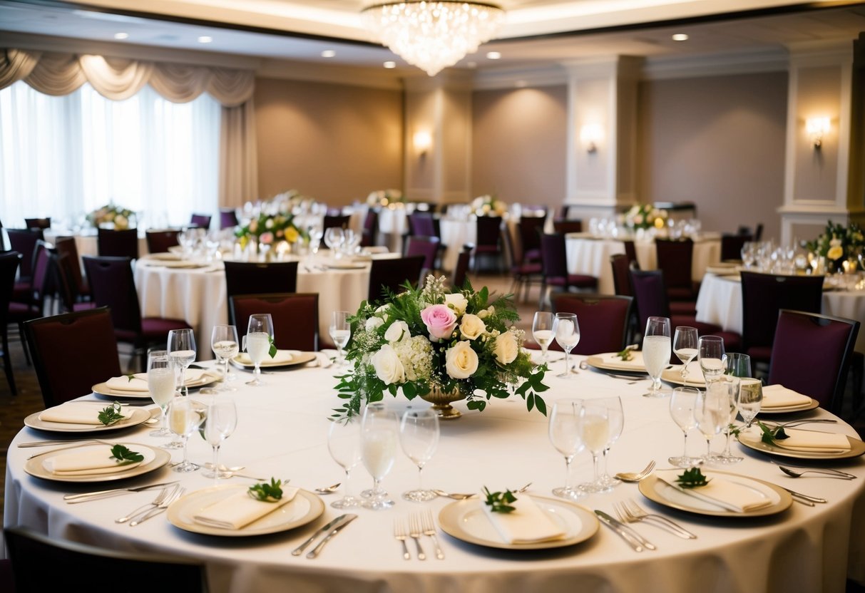 A wedding venue with tables set for a large number of guests, decorated with flowers and elegant place settings