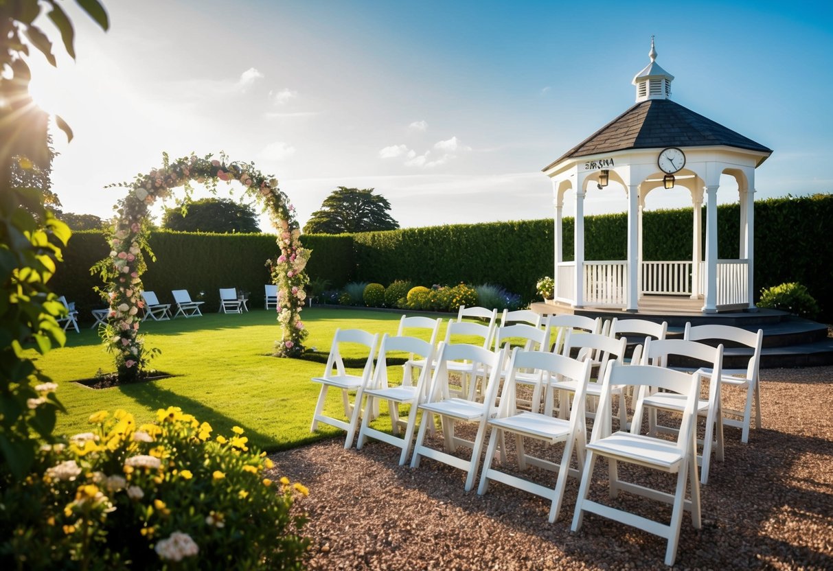 A sunlit garden with a floral arch, chairs set in neat rows, and a gazebo at the far end. The clock on the gazebo reads 3pm