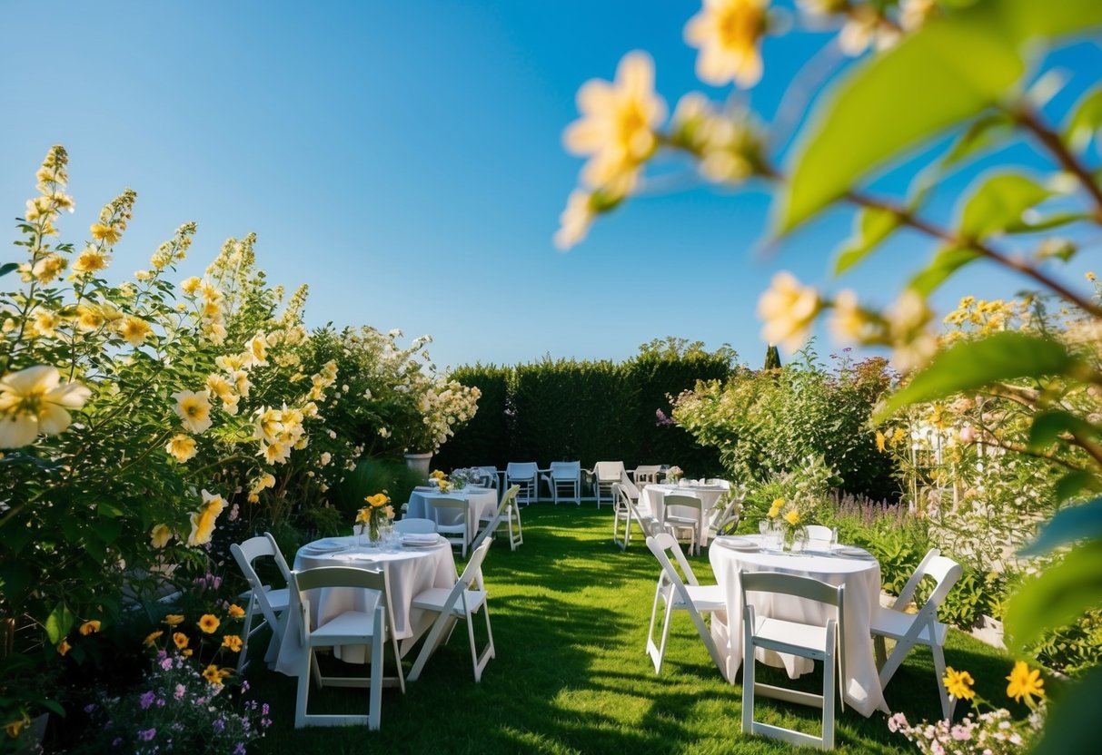 A sunlit garden with chairs and tables arranged, a gentle breeze rustling the flowers and a clear blue sky overhead
