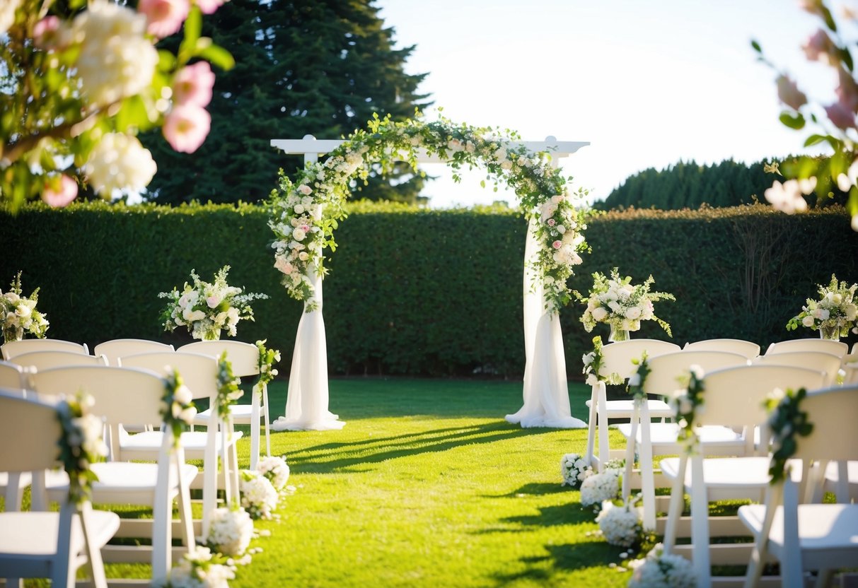 A sunlit garden with blooming flowers and a decorated archway, set up for a wedding ceremony at 3pm