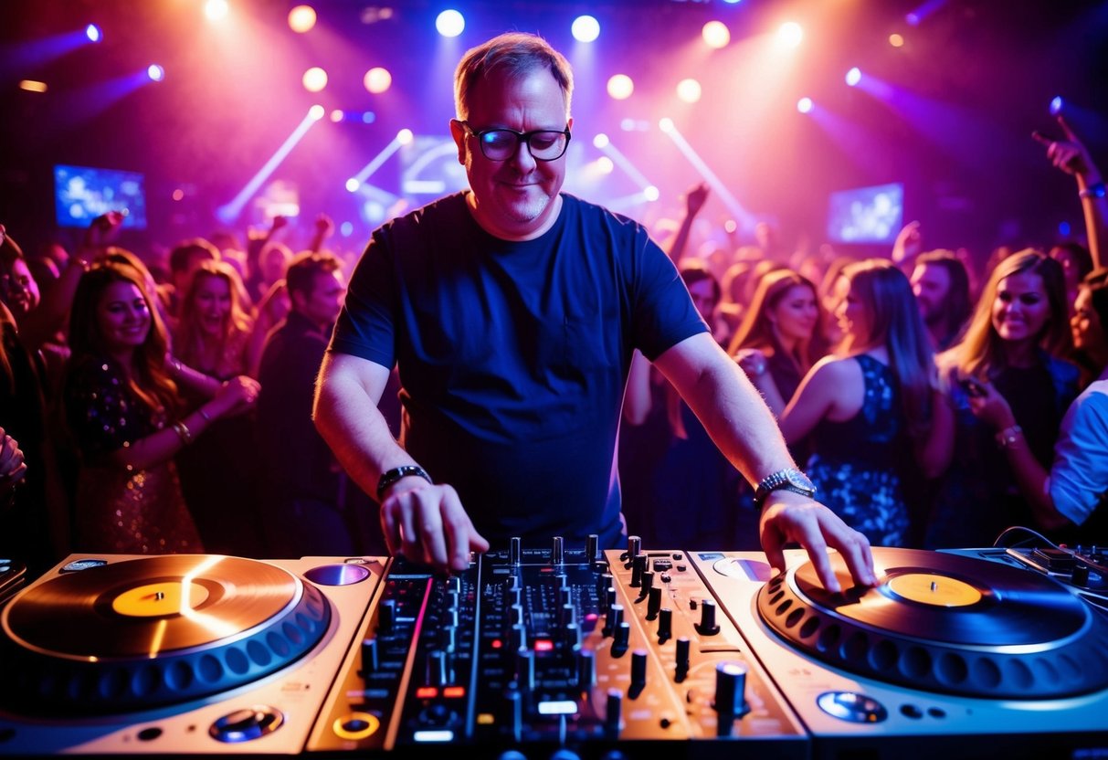A 40-year-old DJ spinning records at a packed club, surrounded by flashing lights and dancing crowd