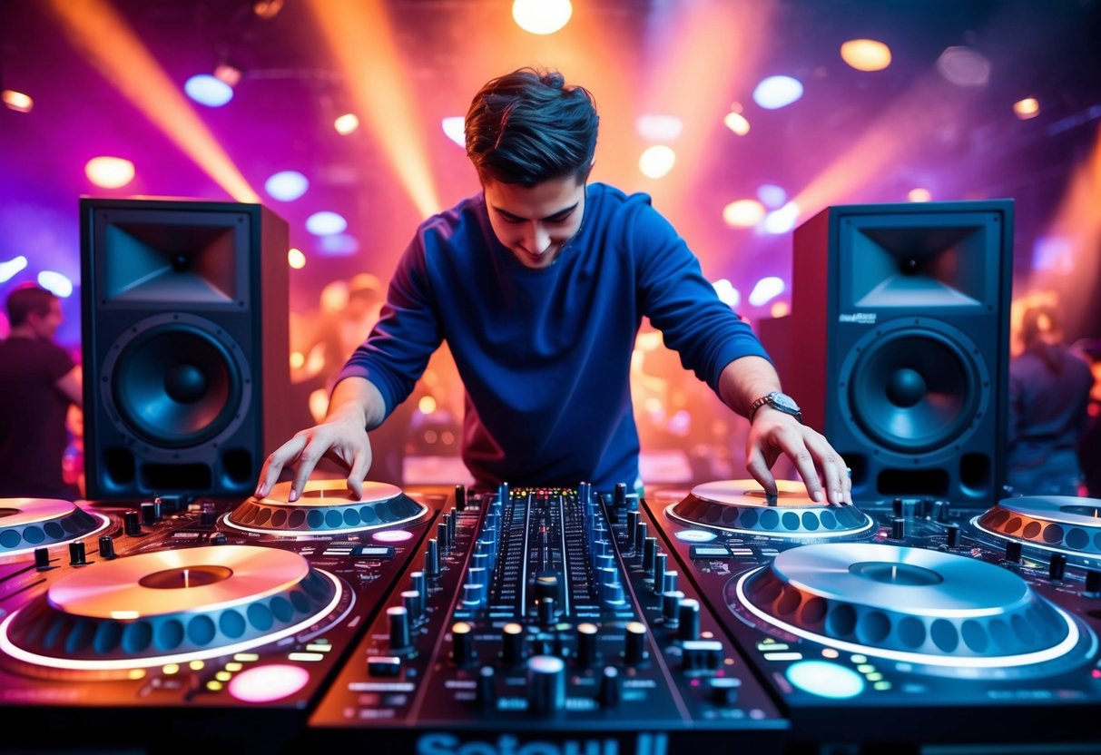 A person surrounded by turntables, mixers, and speakers, practicing DJ skills in a vibrant, energetic atmosphere
