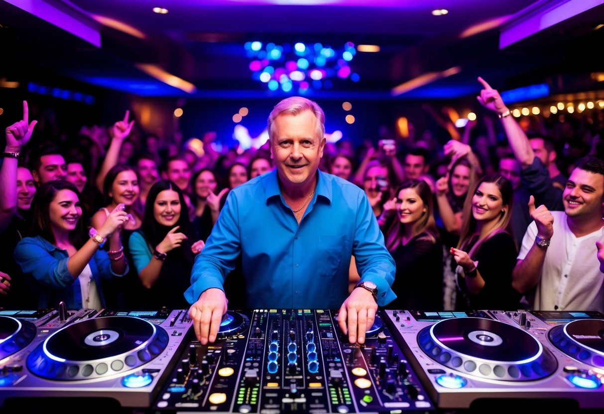 A middle-aged DJ surrounded by turntables, mixers, and a crowd of enthusiastic fans at a vibrant nightclub