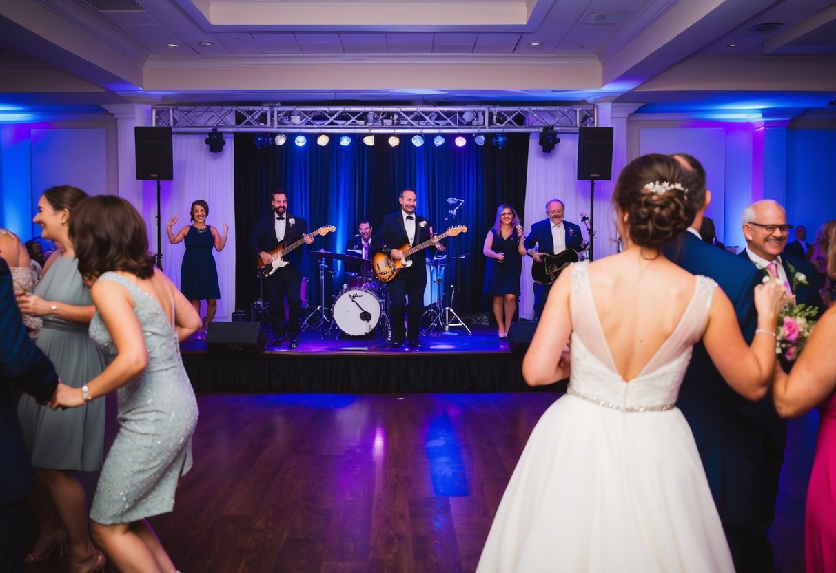 A lively wedding reception with a band performing on stage, surrounded by dancing guests and colorful lights