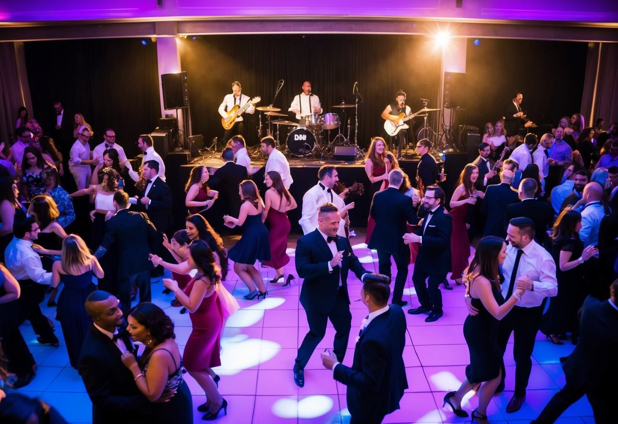 A crowded dance floor with a DJ at one end and a live band at the other, both playing energetic music. Couples dance and guests mingle, some enjoying the live music while others are drawn to the DJ's modern beats