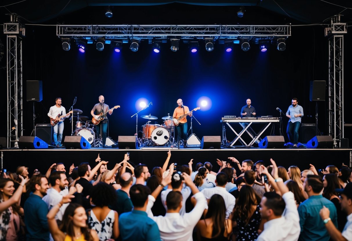 A stage with a live band on one side and a DJ setup on the other, surrounded by a crowd of people dancing and enjoying the music