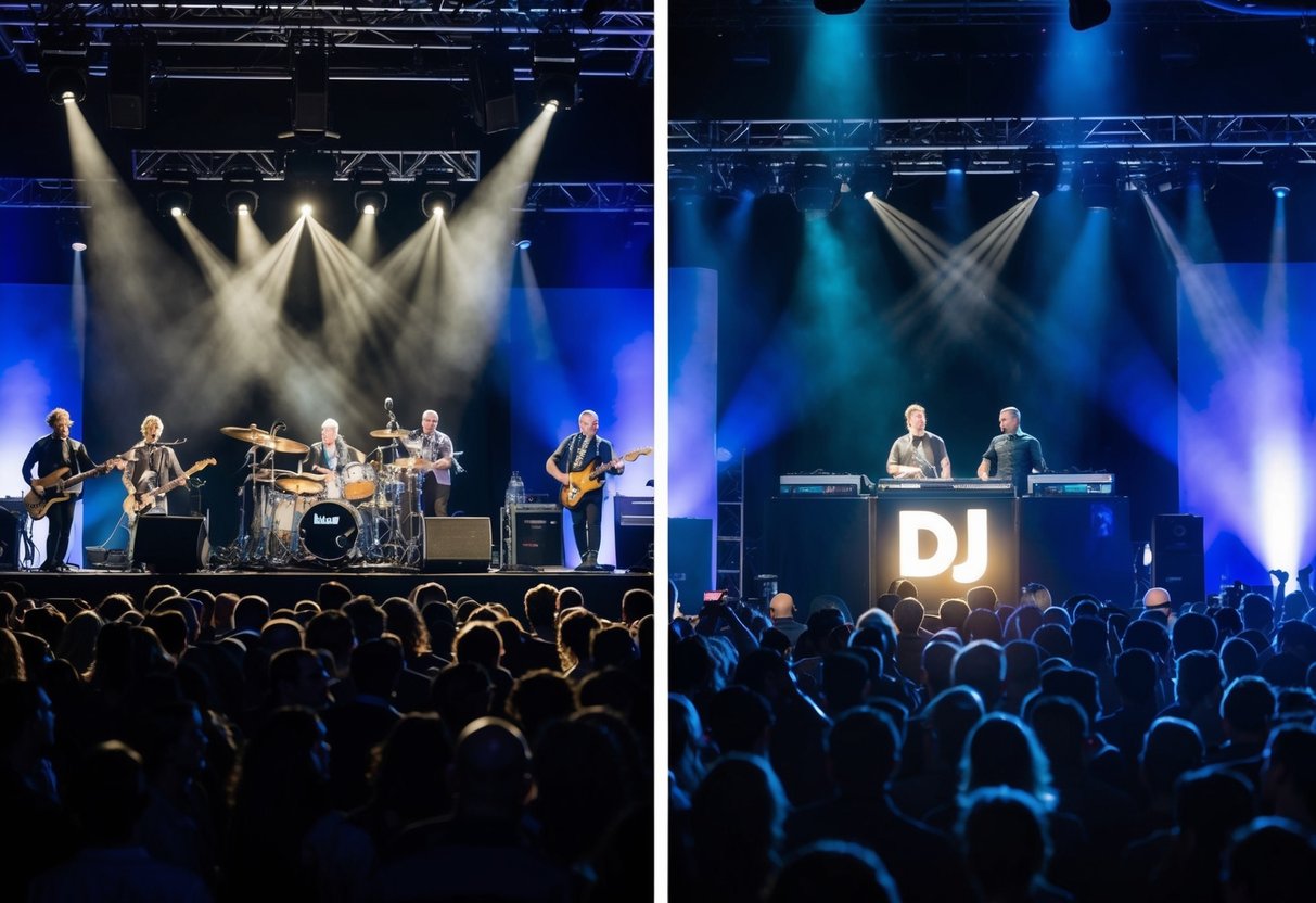 A stage with a live band on one side and a DJ booth on the other, surrounded by a crowd of people. The band's instruments and equipment are more elaborate and expensive-looking than the DJ's setup