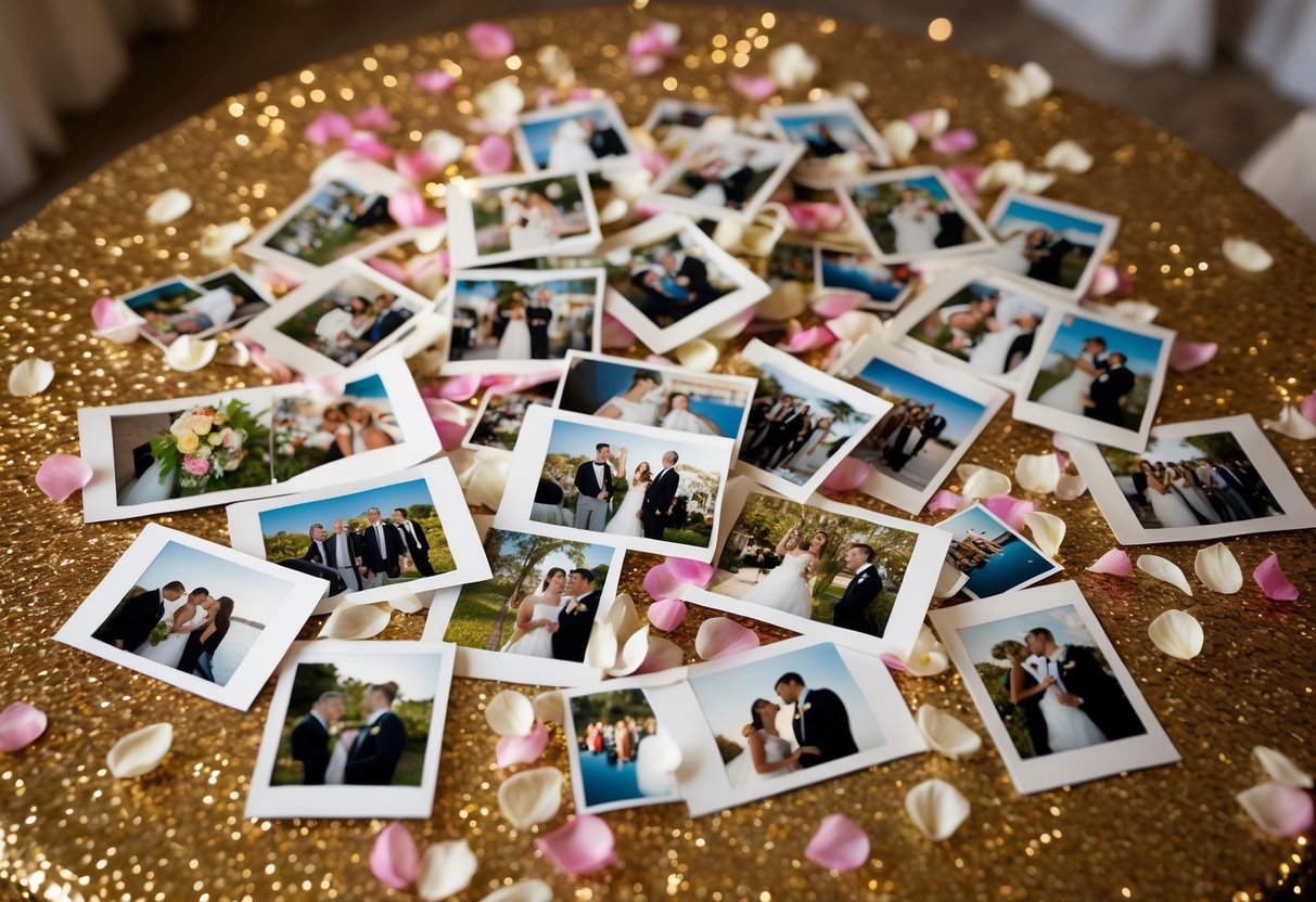 A table covered in scattered wedding photos, surrounded by scattered confetti and flower petals