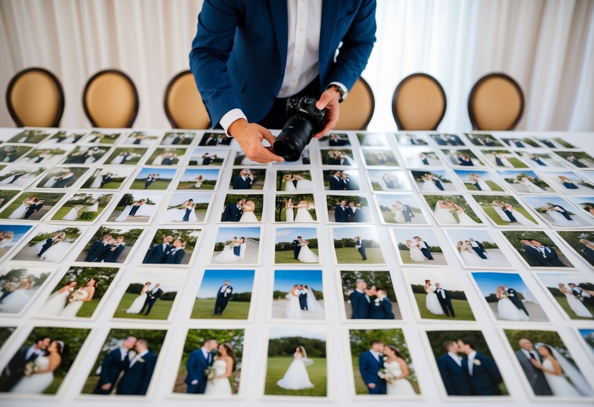 A table covered in wedding photos, arranged in neat rows, with a photographer carefully reviewing each one