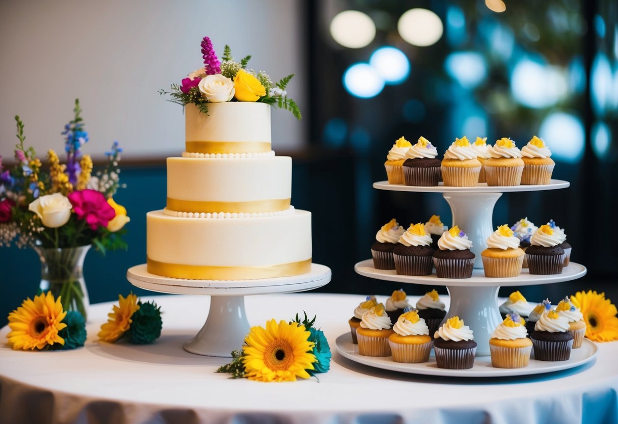 A table with a wedding cake and cupcakes displayed side by side, surrounded by colorful decorations and flowers
