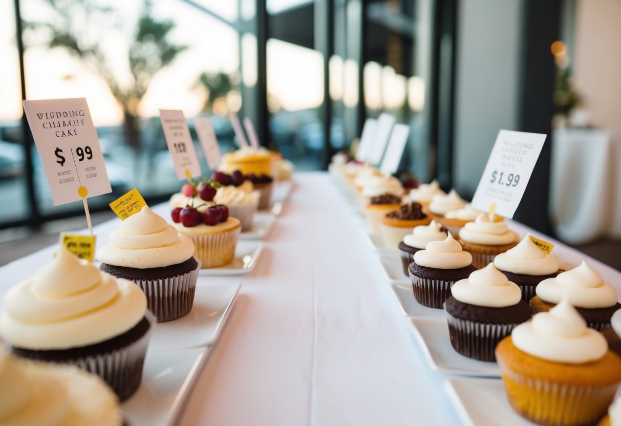 A table with a variety of wedding cake and cupcake options displayed side by side, with price tags visible