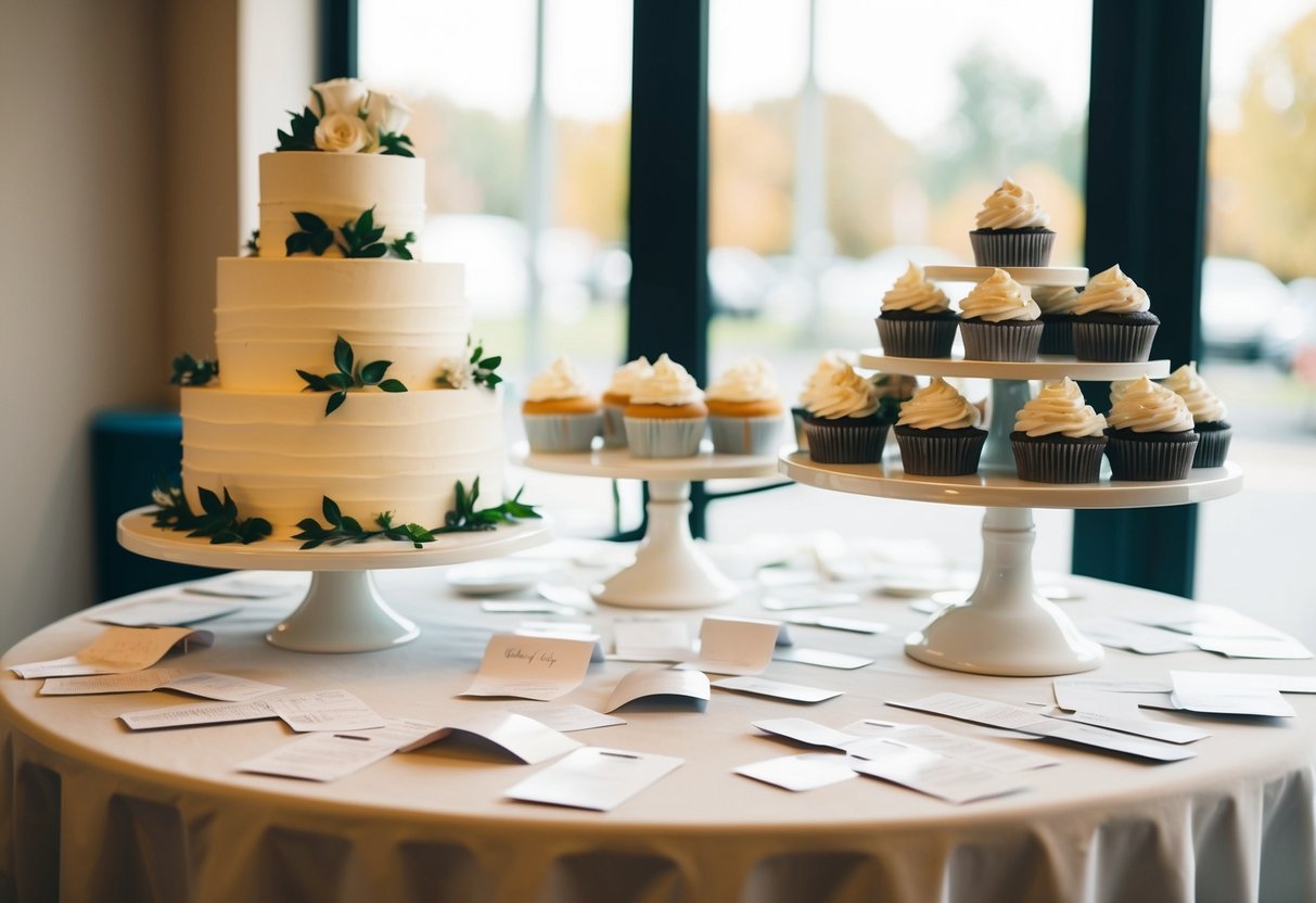 A table with a wedding cake and a display of cupcakes, surrounded by scattered price tags and receipts