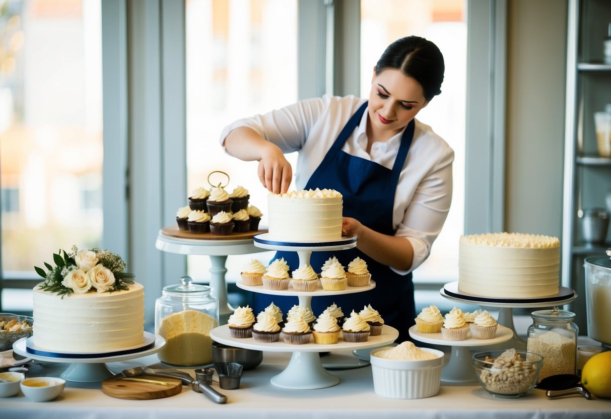 A baker arranging a display of wedding cakes and cupcakes on a table, surrounded by various ingredients and tools