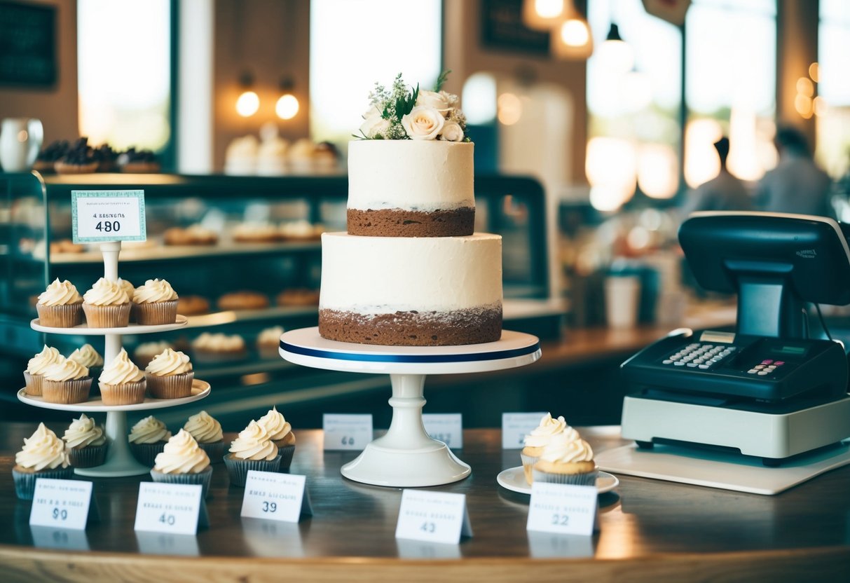A bakery scene with a wedding cake and cupcakes on display, surrounded by price tags and a cash register