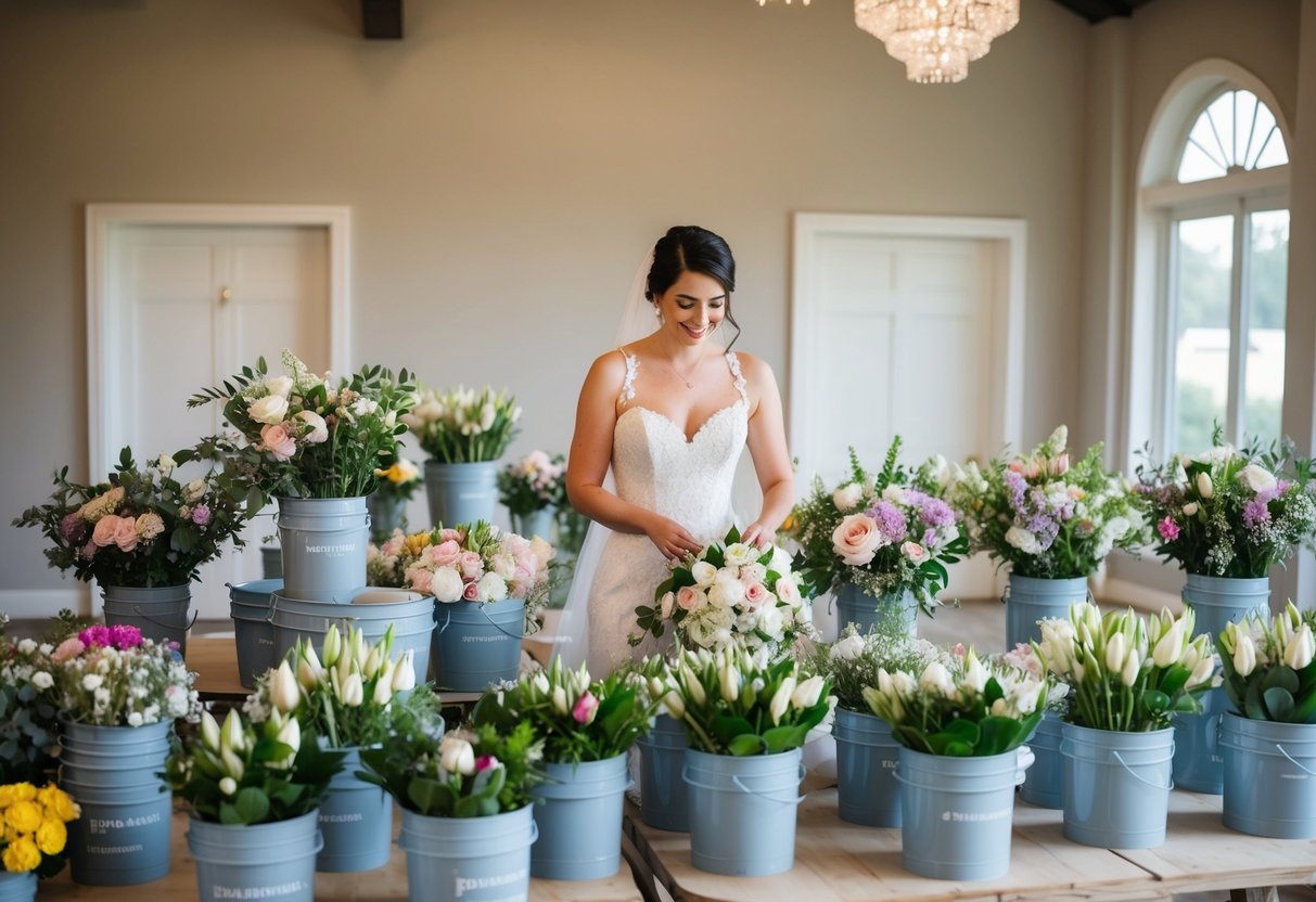 A bride surrounded by buckets of fresh flowers, arranging them into bouquets and centerpieces on a large work table