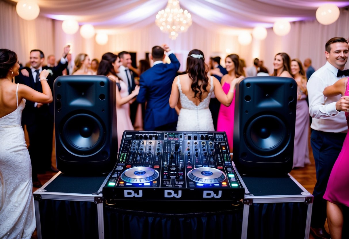 A DJ booth with a mixing board and speakers, surrounded by dancing guests at a wedding reception