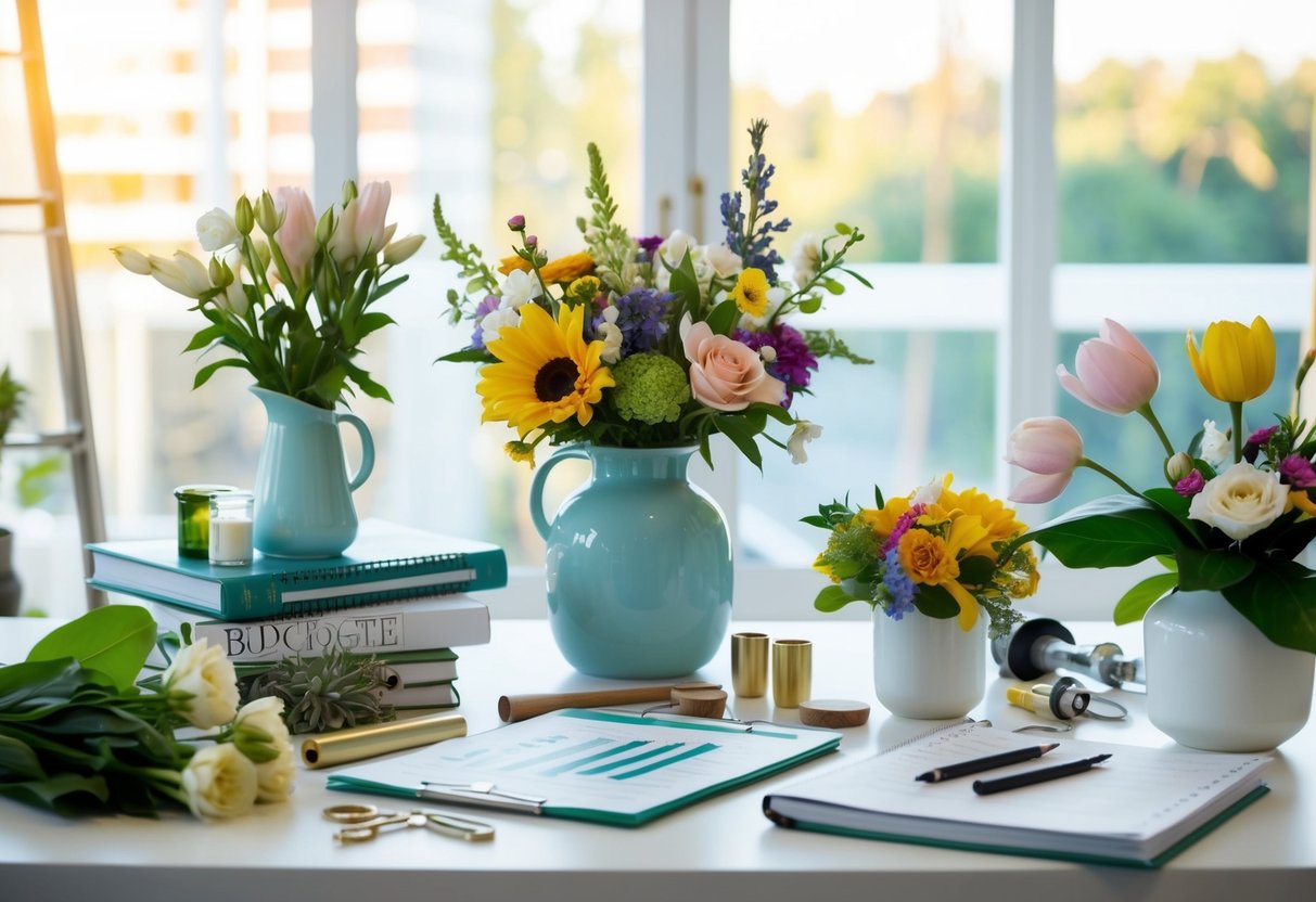 A table with various flowers, vases, and tools. A budget spreadsheet and floral design books are nearby