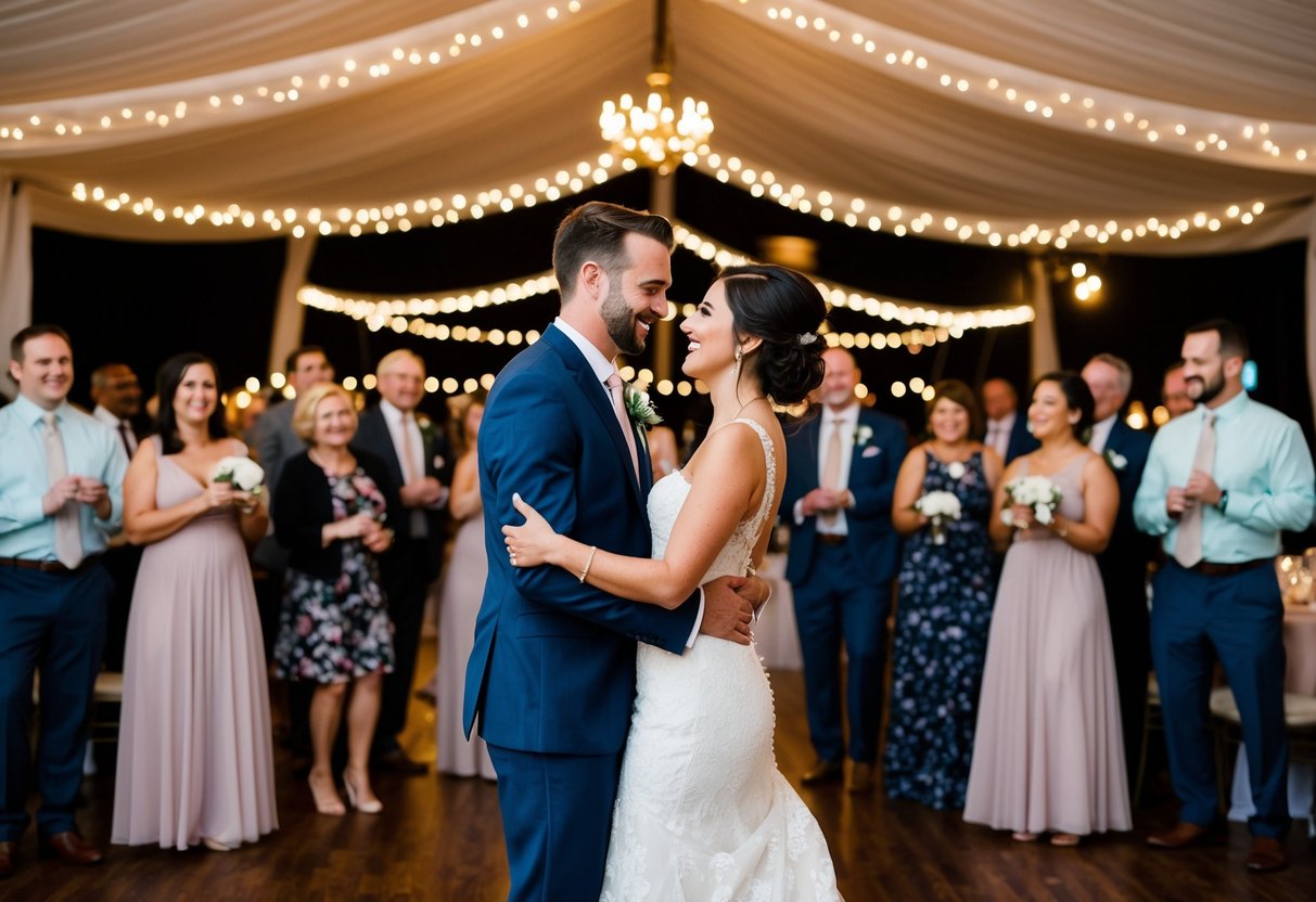 A bride and groom dance under twinkling lights surrounded by guests at a 2-hour wedding reception