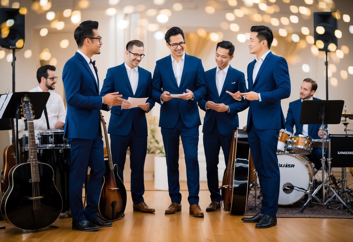 A group of music professionals discussing the number of songs needed for a 2-hour reception, surrounded by musical instruments and equipment