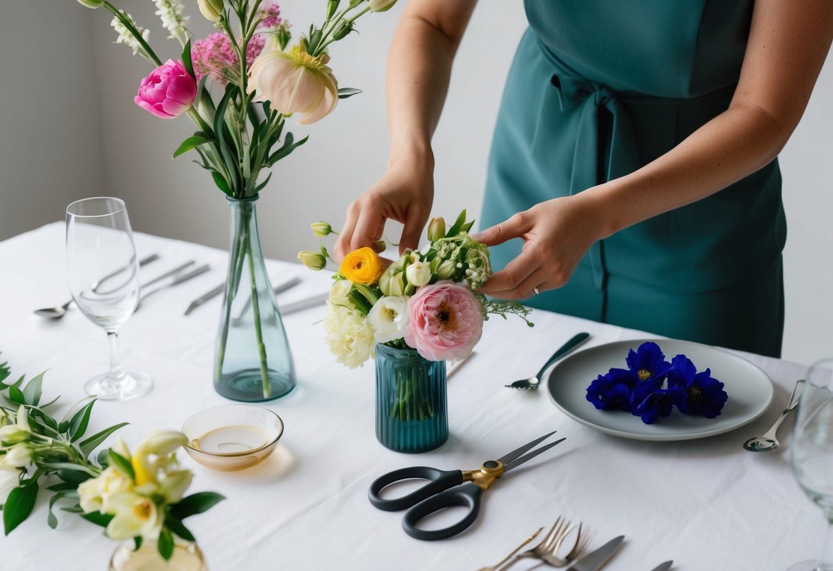 A table set with fresh flowers, scissors, and vases. A pair of hands arranging blooms in an elegant and effortless manner