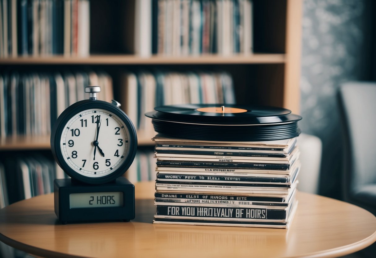 A table with a stack of vinyl records, a clock showing 2 hours, and a list of song titles