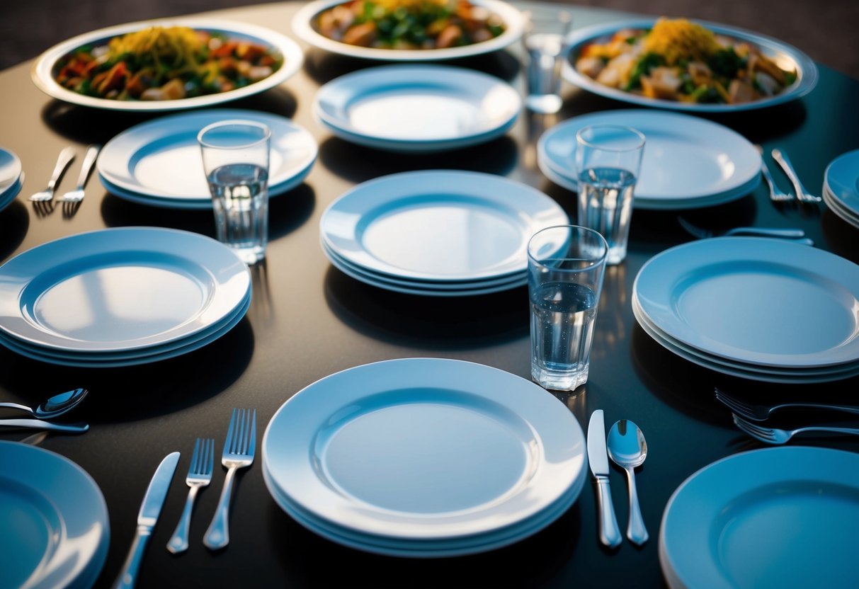 A table with 40 empty plates and cutlery, surrounded by trays of food and drinks